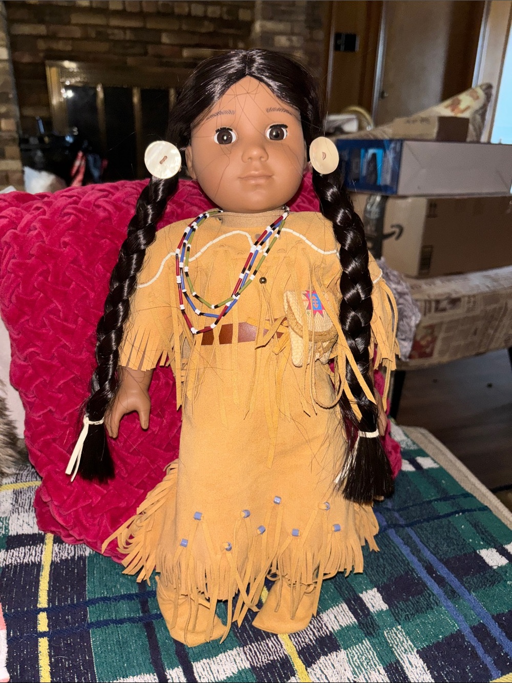 American Girl Doll Kaya; in Tan Fringe Outfit with Beaded Necklace
